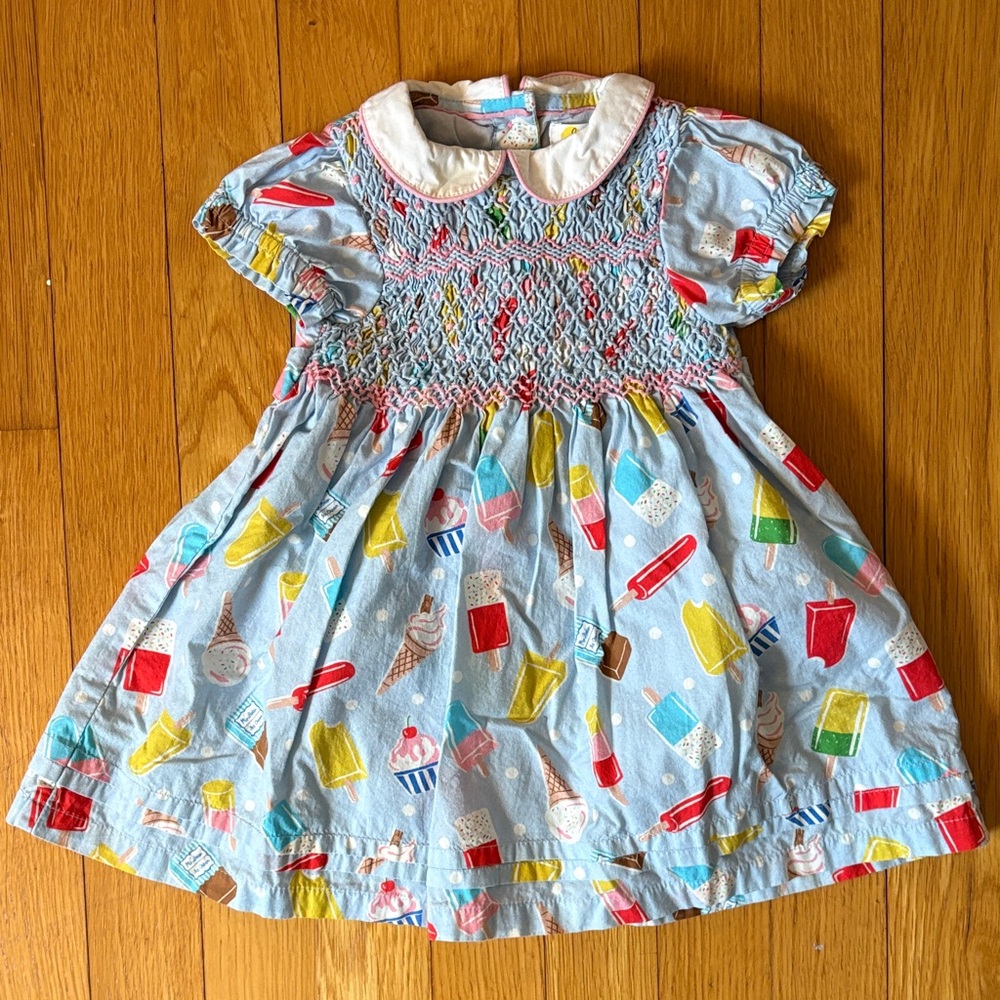 Baby Boden 6-9M Nostalgic Smocked Dress Light Blue Ice Cream Popsicle Print